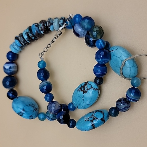 640 Cts Natural Turquoise & Blue Faceted Onyx Beaded Boho Gemstone Necklace - Picture 10 of 10
